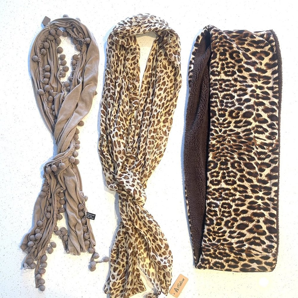 Three NEW Animal Print and Solid Scarves